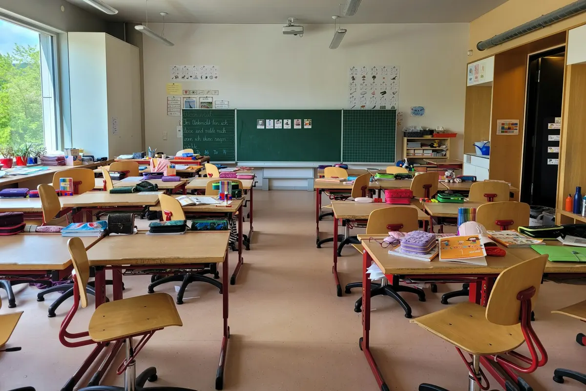 Bright primary school classroom with wooden desks, a green chalkboard and a large window looking out onto trees.