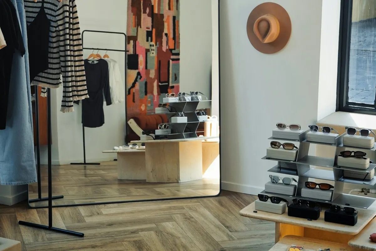 Bright fashion store with clothes rails, a large mirror and sunglasses on display over a herringbone floor.
