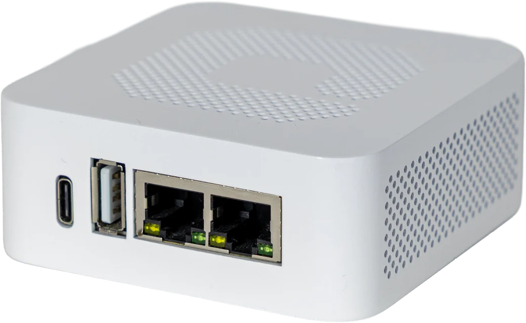 edalsoOne gateway in three-quarter view, showing its network and USB ports and the side vent